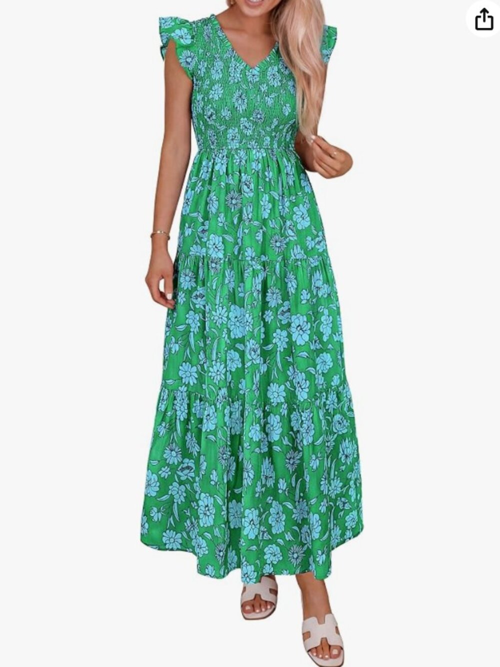 Women's Smocked Boho Floral Maxi Dress | V Neck Ruffle Sleeve, Long Flowy Sundre
